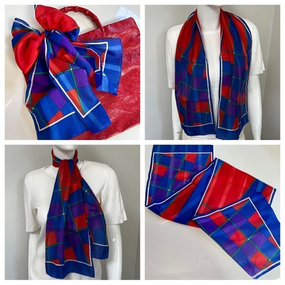 Vintage 1980s Super Vibrant Cobalt Square Abstract Grid Scarf - Picture 3 of 3